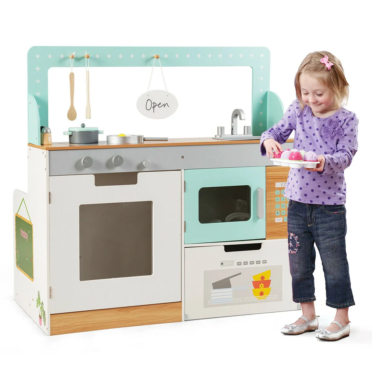 2 in 1 Kids Play Kitchen and Diner with Storage Shelf