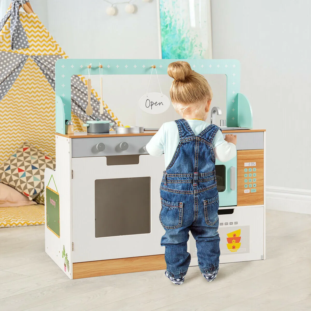 2 in 1 Kids Play Kitchen and Diner with Storage Shelf
