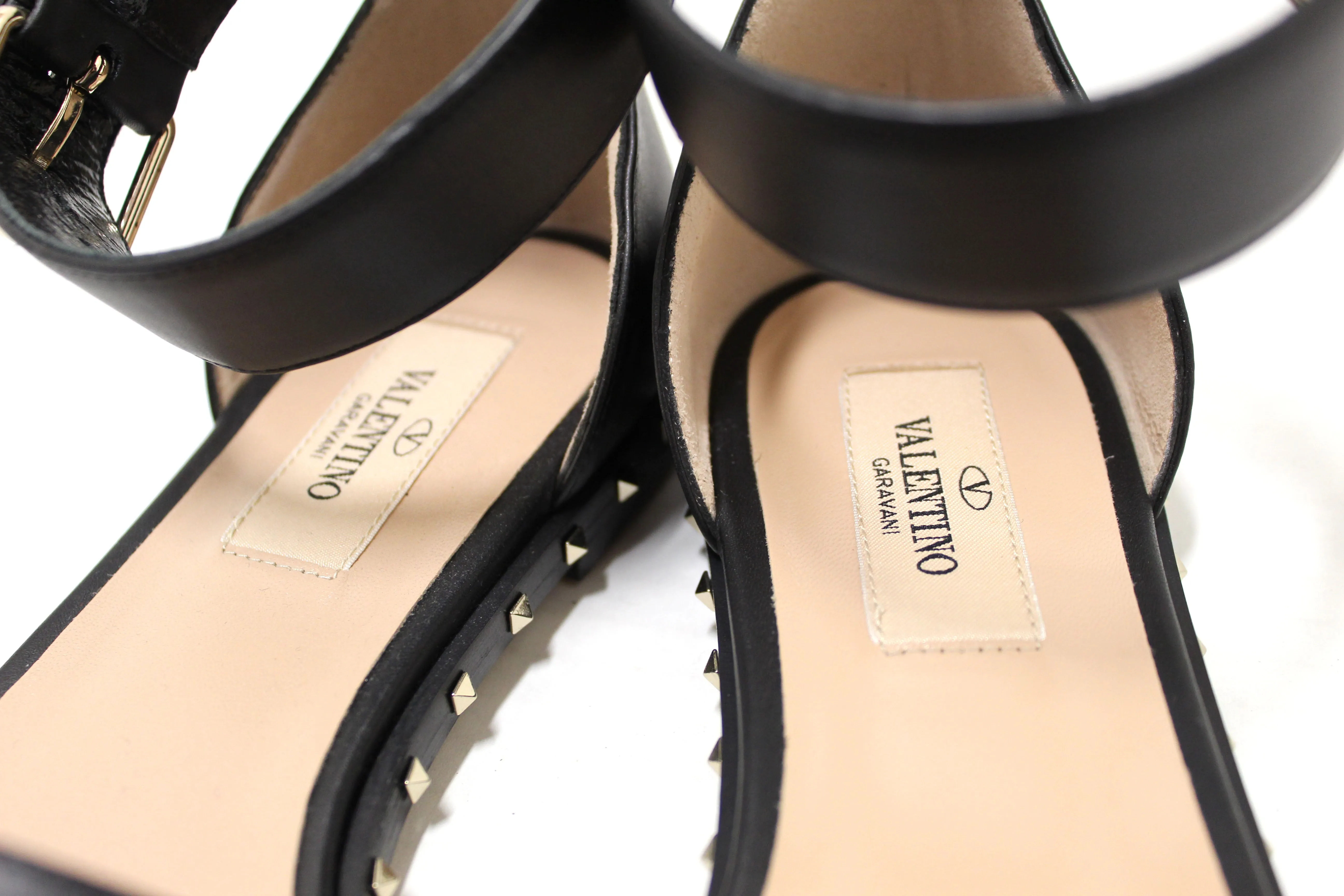 Authentic NEW Valentino Black Leather Thick Ankle Strap Studded Sandals Shoes Size 36.5