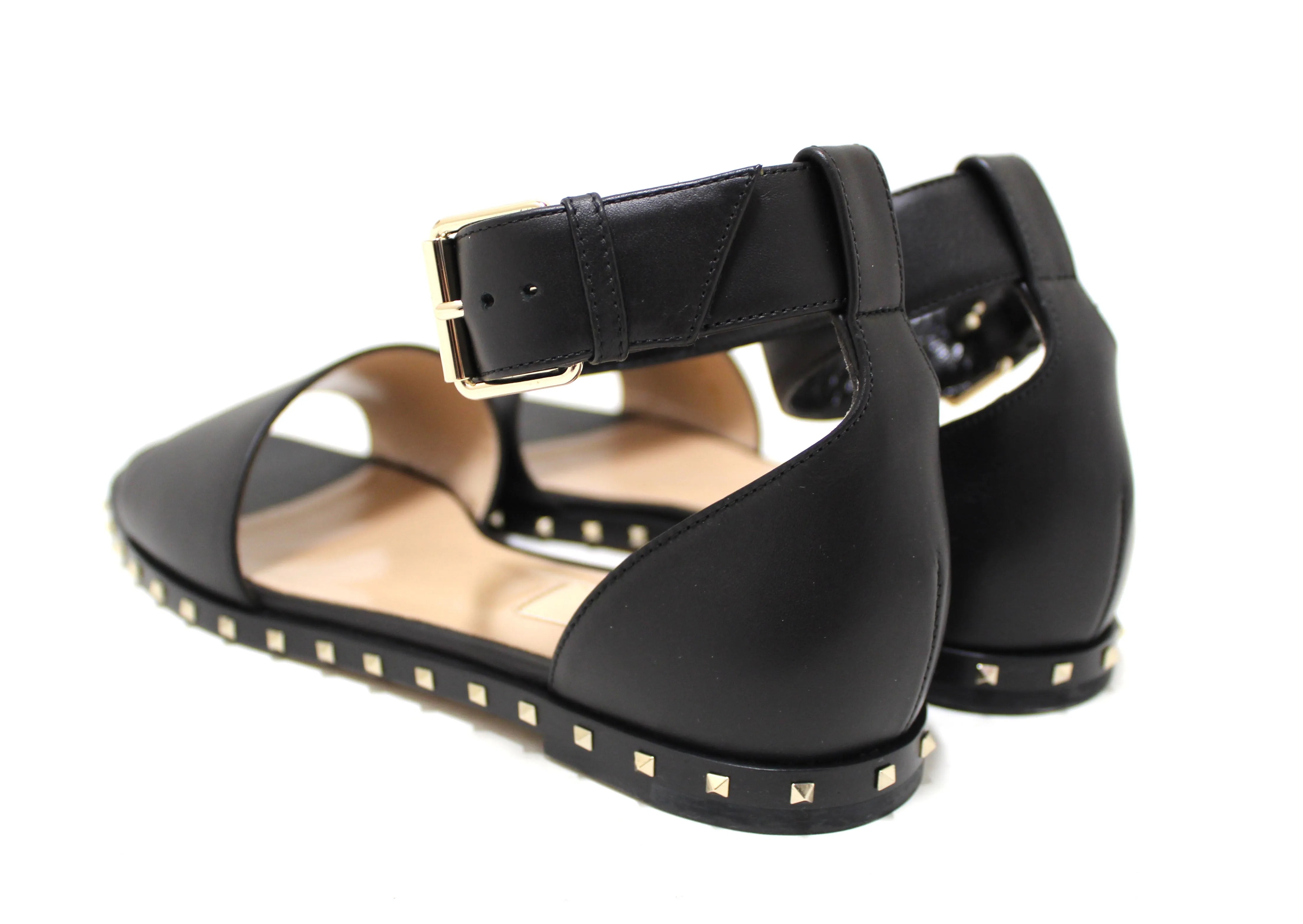 Authentic NEW Valentino Black Leather Thick Ankle Strap Studded Sandals Shoes Size 36.5