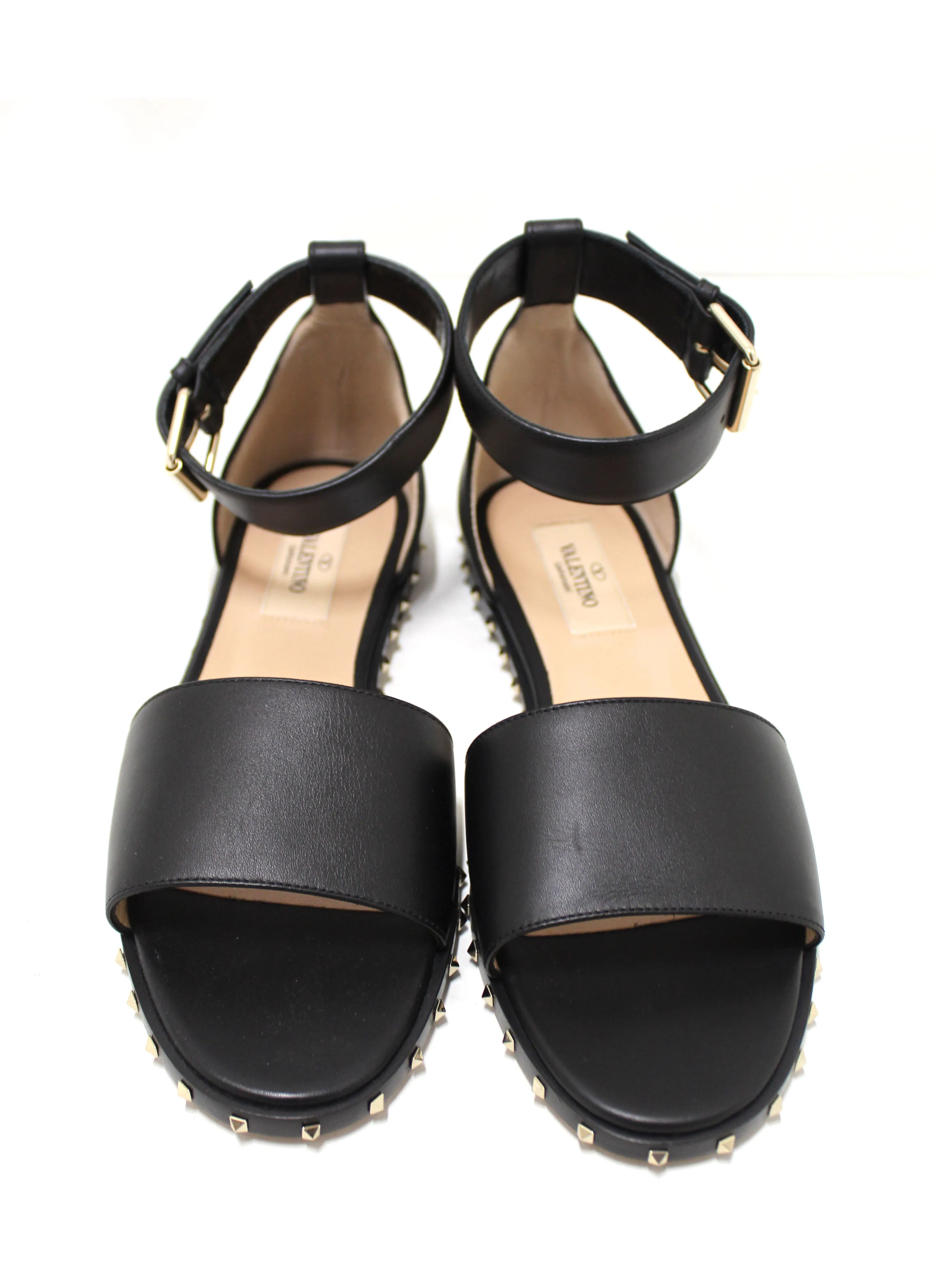 Authentic NEW Valentino Black Leather Thick Ankle Strap Studded Sandals Shoes Size 36.5