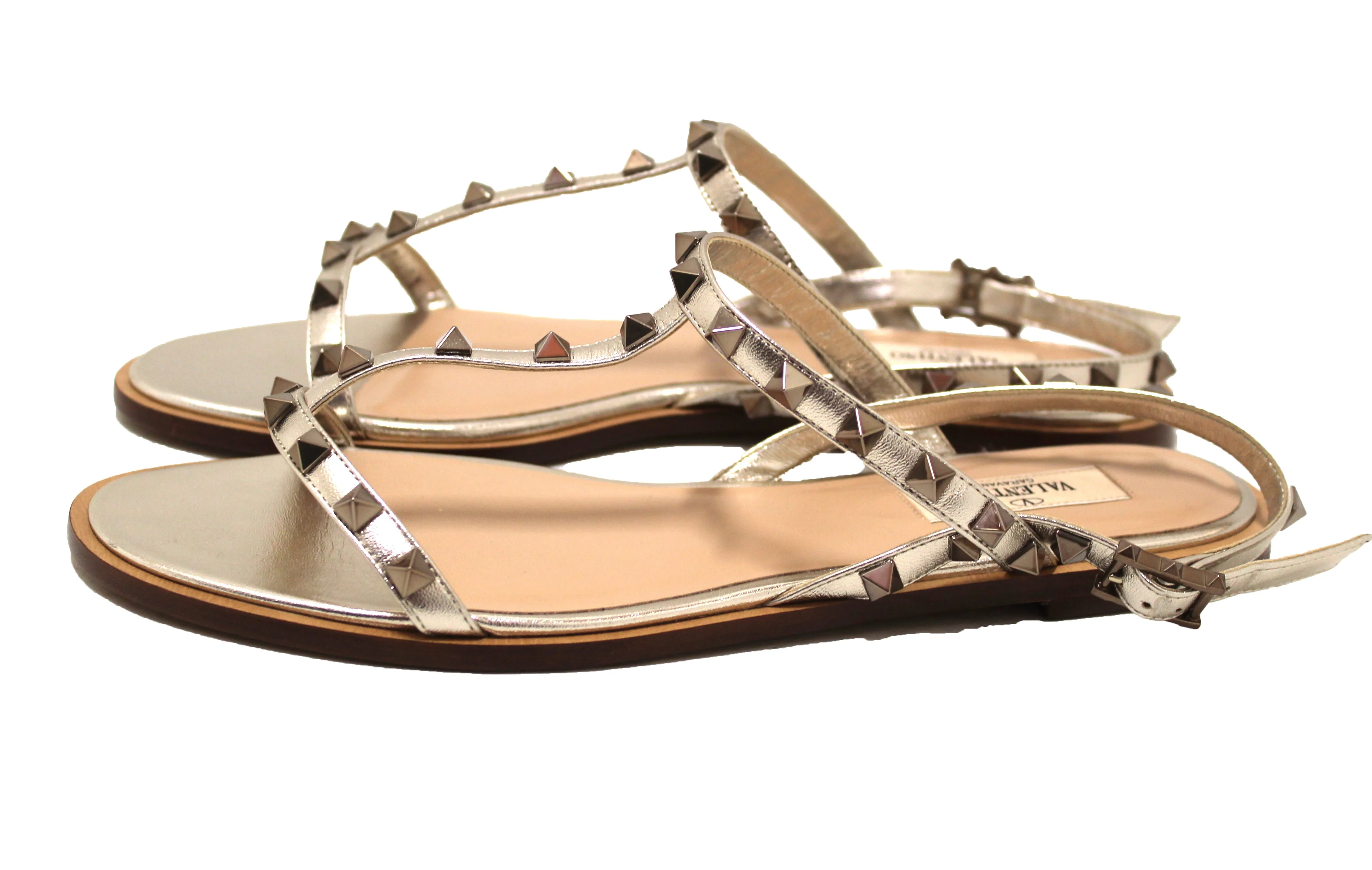 Authentic NEW Valentino Rockstud Metallic Nappa Leather Flat Sandal Size 40.5
