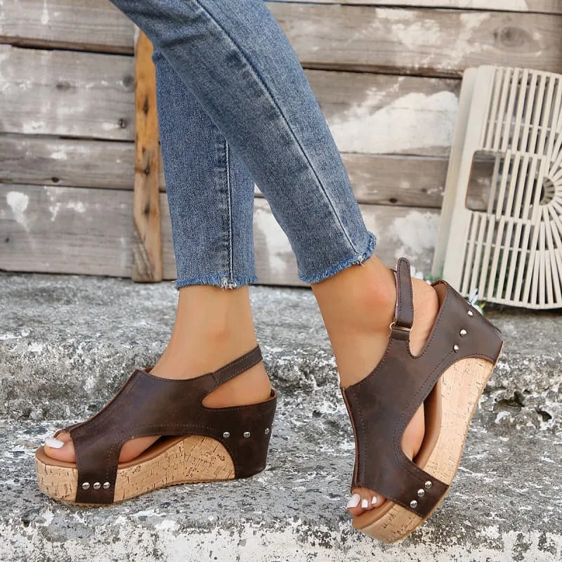 Black High Wedge Studded Sandals for Ladies Open Toe Style