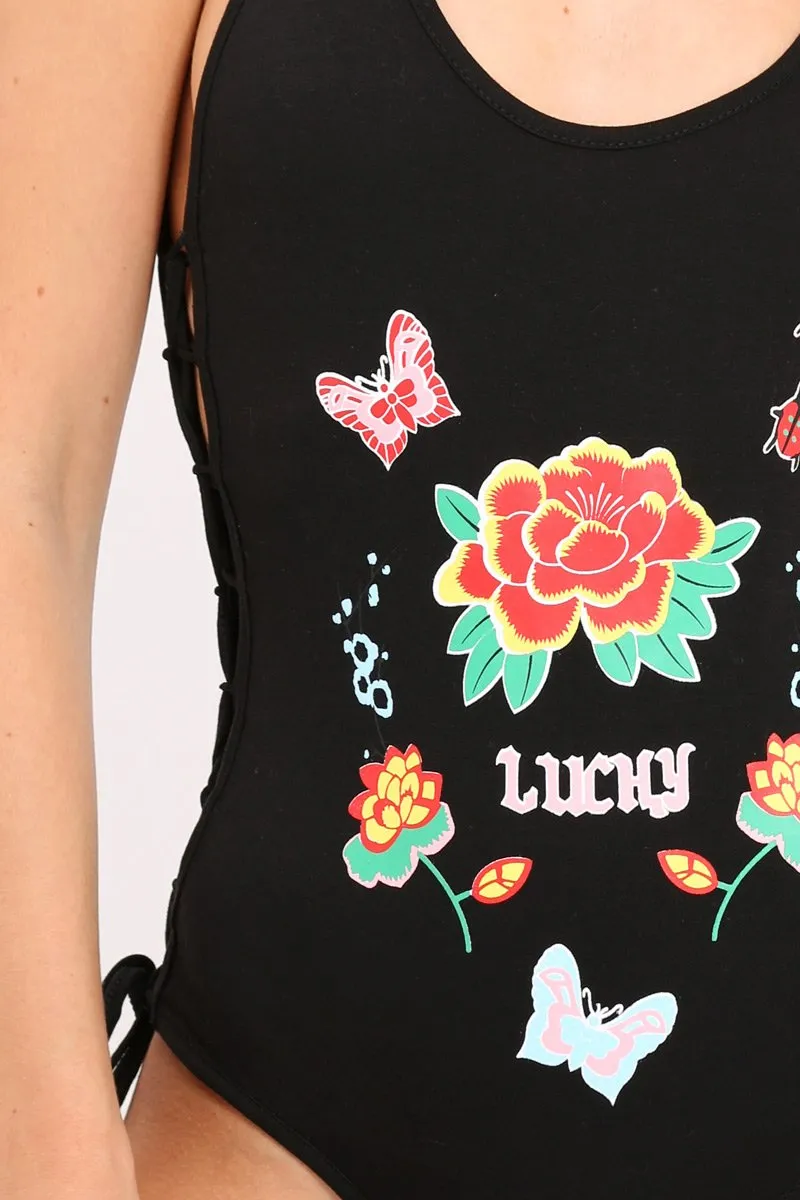 Black Lucky Lace Up Bodysuit - Janessa