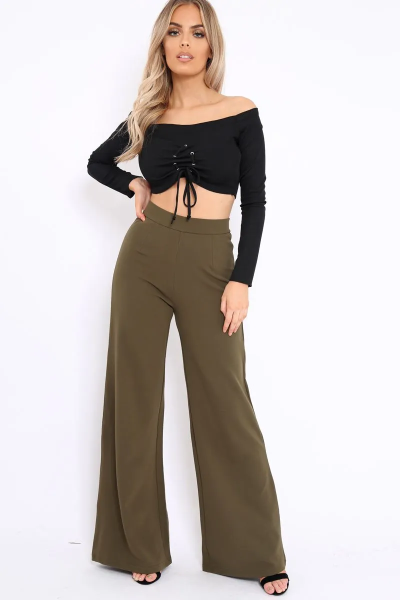 Black Ribbed Lace Up Front Crop Top - Emmy
