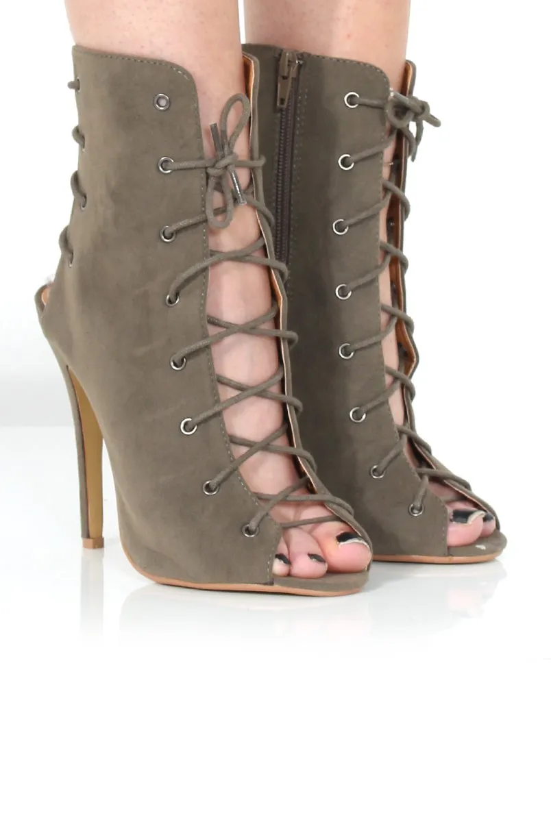Georgia Khaki Peep Toe Lace Up Heels