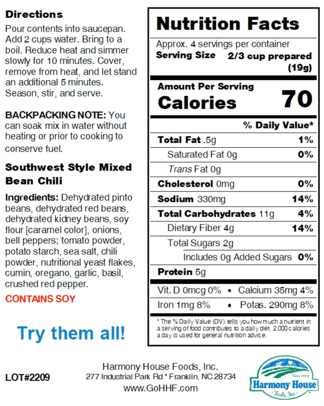 Harmony House Southwest Style Mixed Bean Chili (2.75 oz)