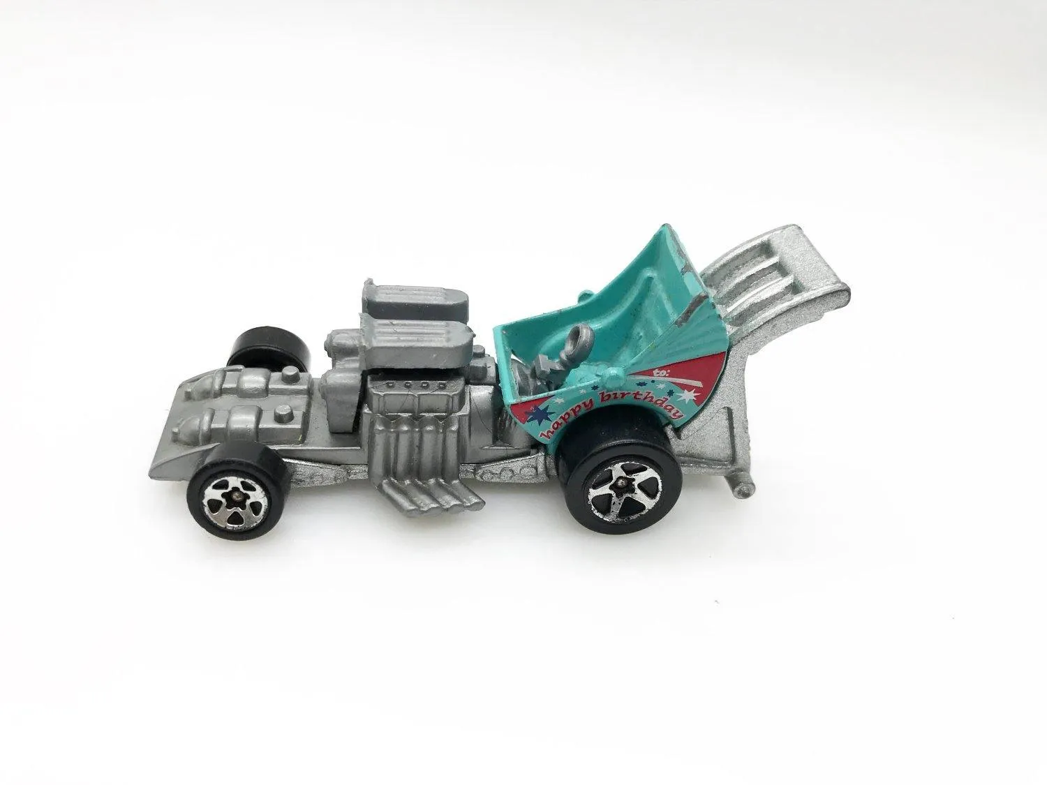 Hot Wheels Light Blue Baby Boomer: "Happy Birthday" Dragster (2002)