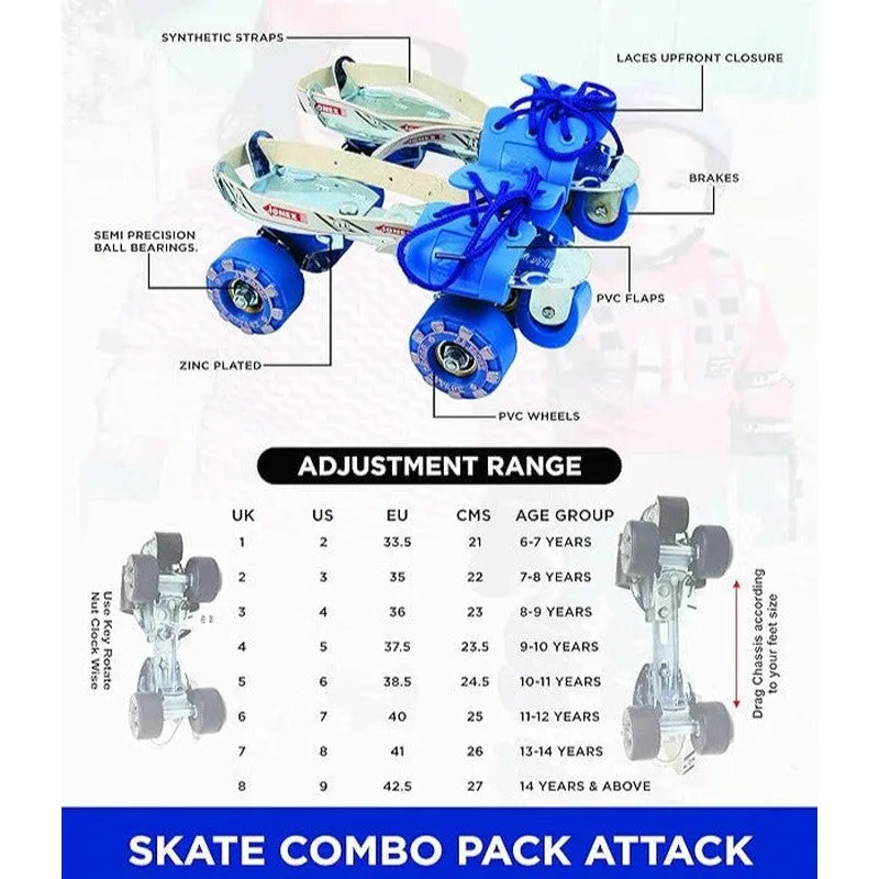 JJ Jonex Attack Adjustable Skates Combo (Skates   Helmet   Knee pad   Elbow pad   Skates Gloves   Key   Bag) (MYC) | Medium | Helmet - Blue |  6-11 Years