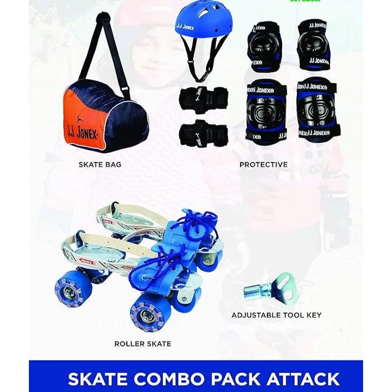 JJ Jonex Attack Adjustable Skates Combo (Skates   Helmet   Knee pad   Elbow pad   Skates Gloves   Key   Bag) (MYC) | Medium | Helmet - Blue |  6-11 Years