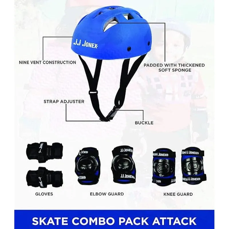 JJ Jonex Attack Adjustable Skates Combo (Skates   Helmet   Knee pad   Elbow pad   Skates Gloves   Key   Bag) (MYC) | Medium | Helmet - Blue |  6-11 Years