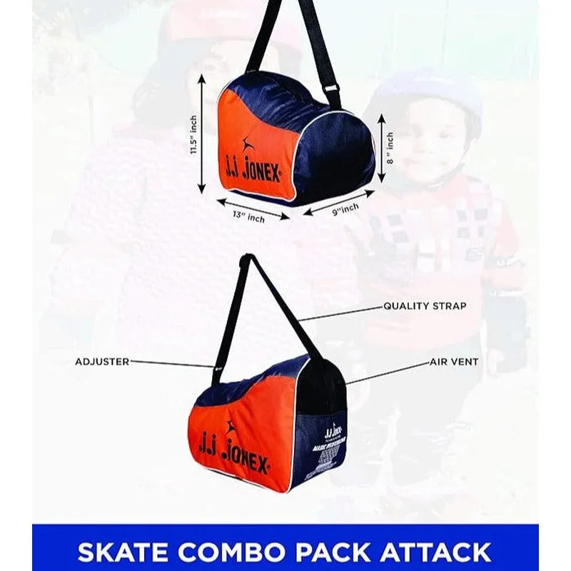 JJ Jonex Attack Adjustable Skates Combo (Skates   Helmet   Knee pad   Elbow pad   Skates Gloves   Key   Bag) (MYC) | Medium | Helmet - Blue |  6-11 Years