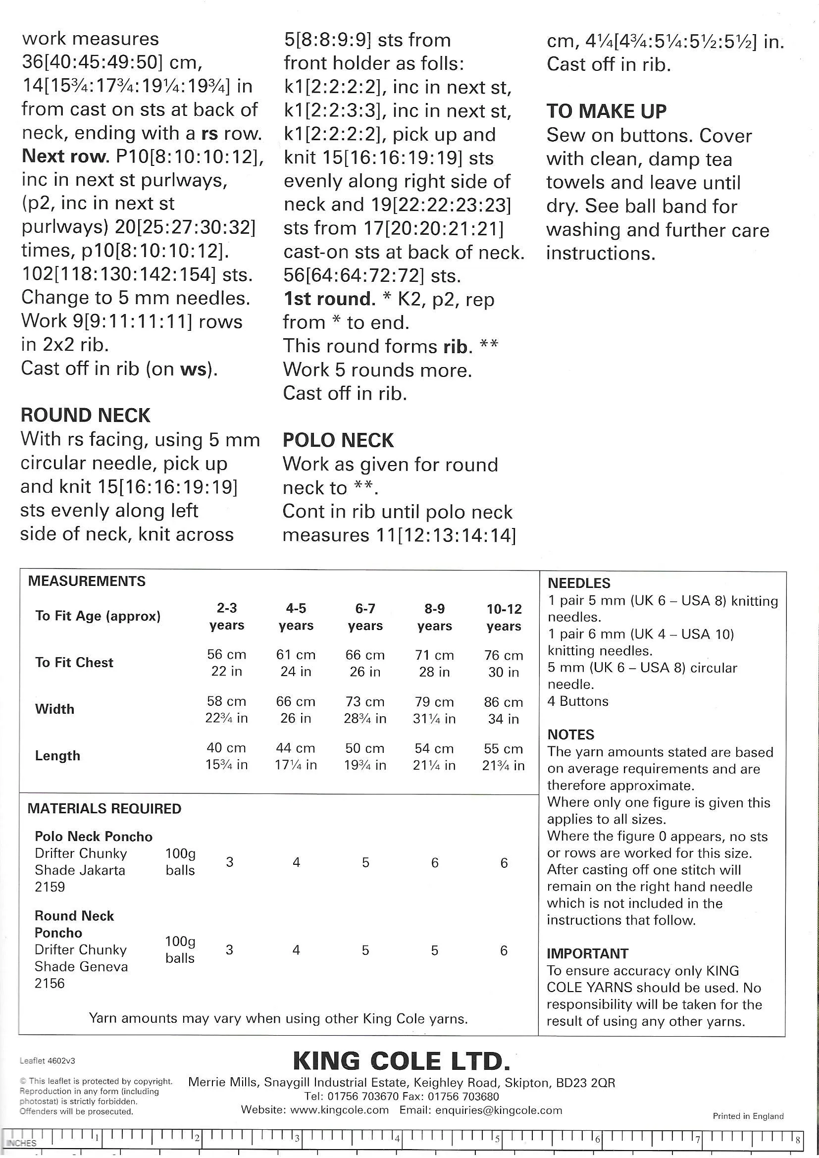 King Cole 4602 Girls Ponchos Drifter Chunky Knitting Pattern