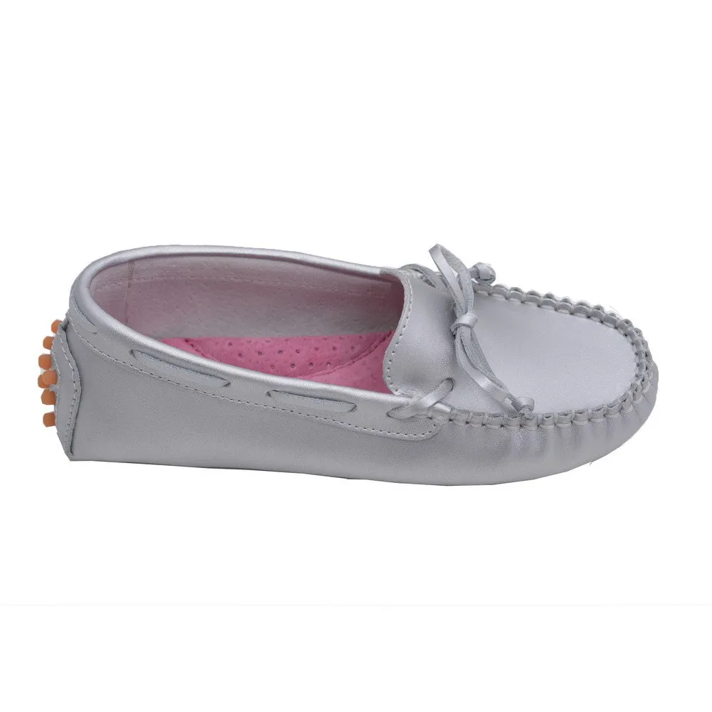 Little Big Kids Girls Silver Bow Leather Moccasin 11-4 Kids