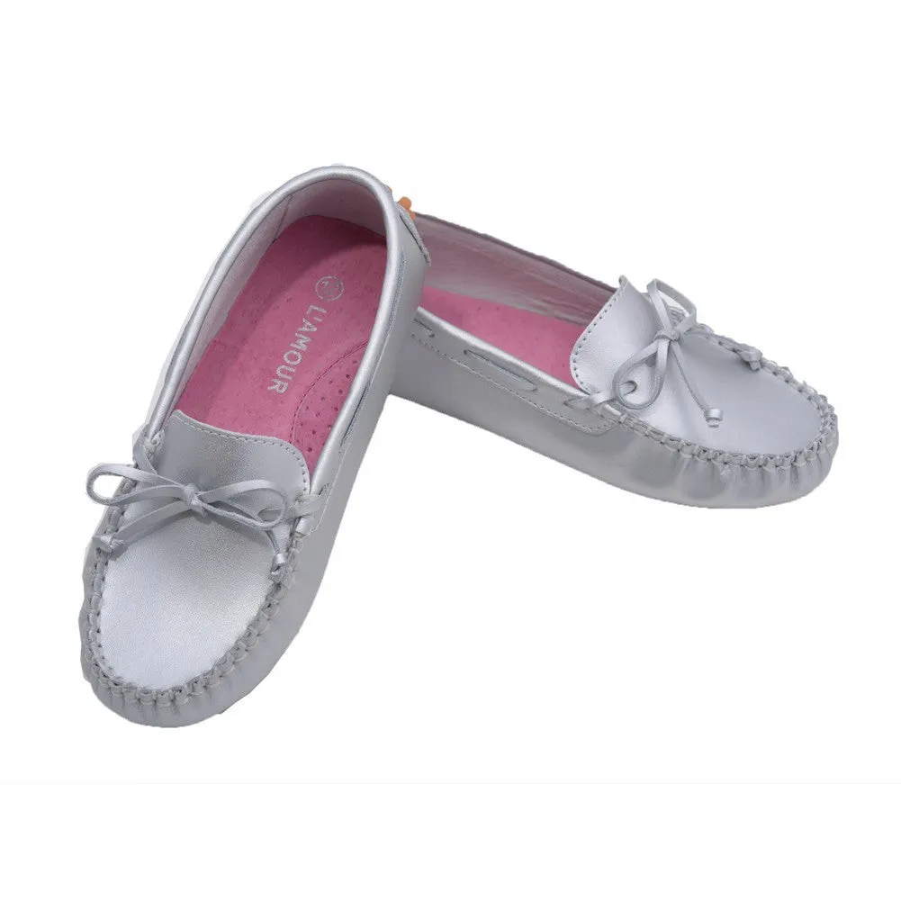 Little Big Kids Girls Silver Bow Leather Moccasin 11-4 Kids