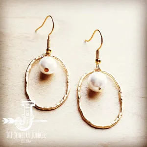 Matte Gold Hoop Earring With Freshwater Pearl Dangle