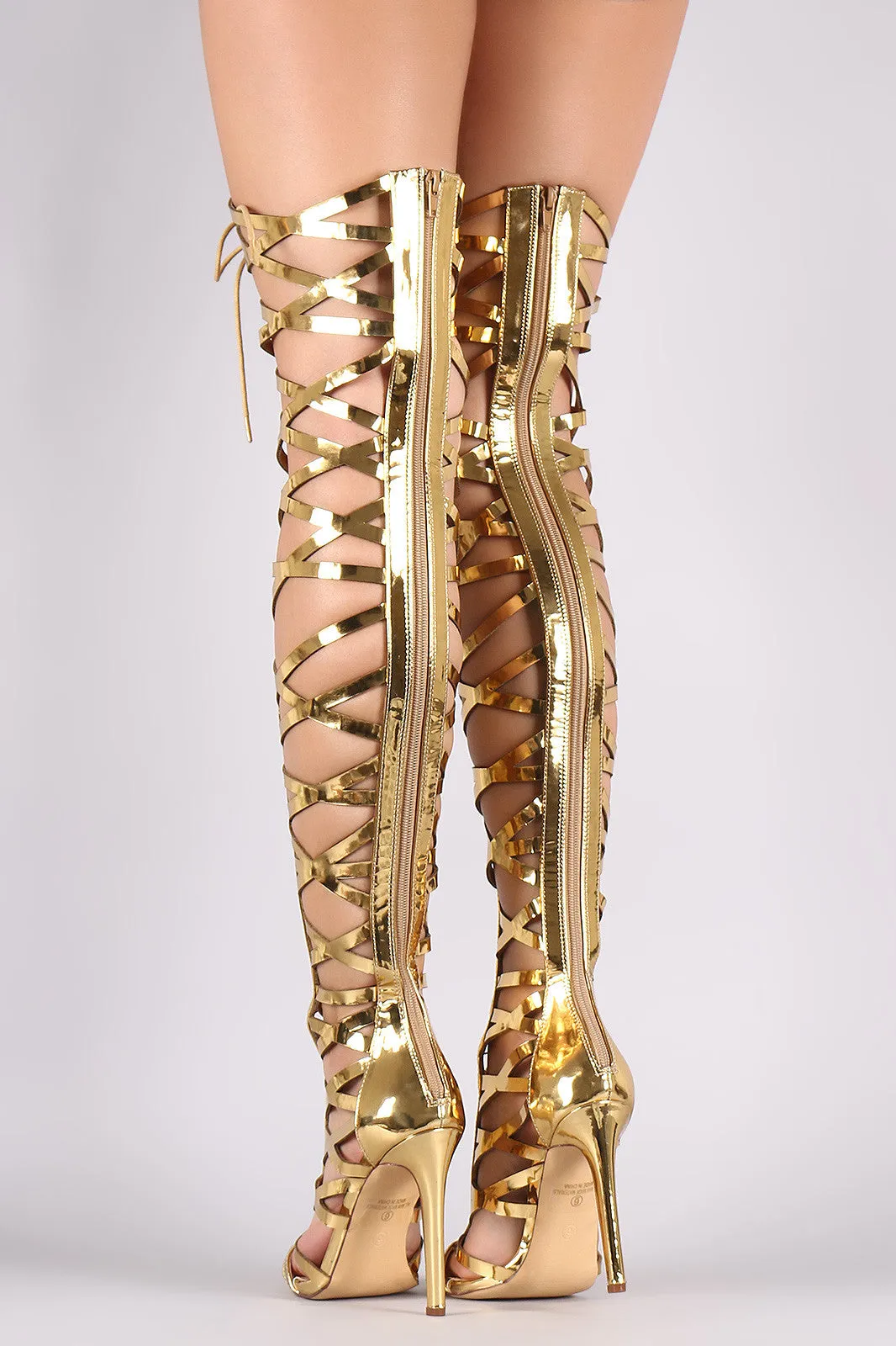 Metallic Patent Strappy Open Toe Lace-Up Gladiator Heel