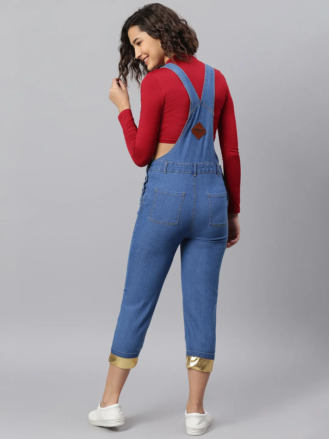 NaughtyDungaree® Women Denim Dungaree with Golden Faux Leather Bottom Hem-Fold
