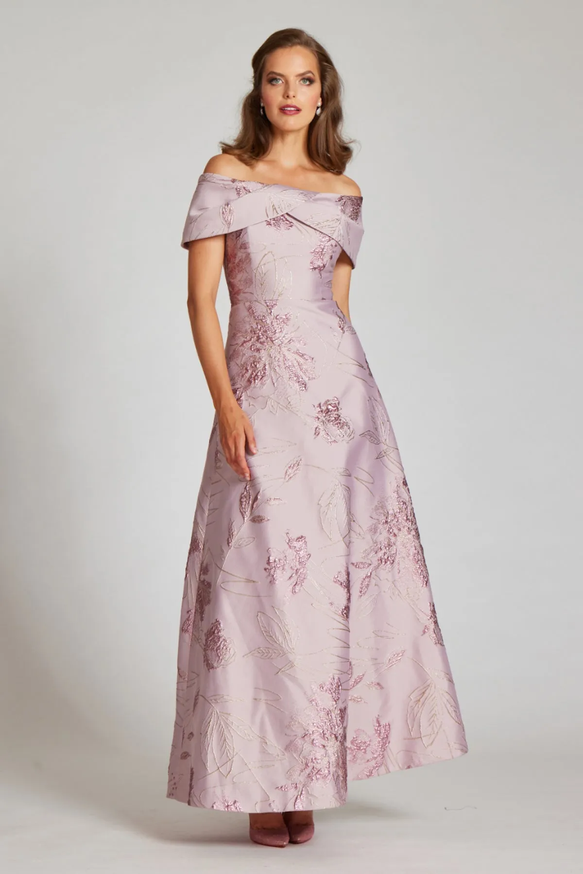 Off The Shoulder Metallic Jacquard A-Line Skirt Gown