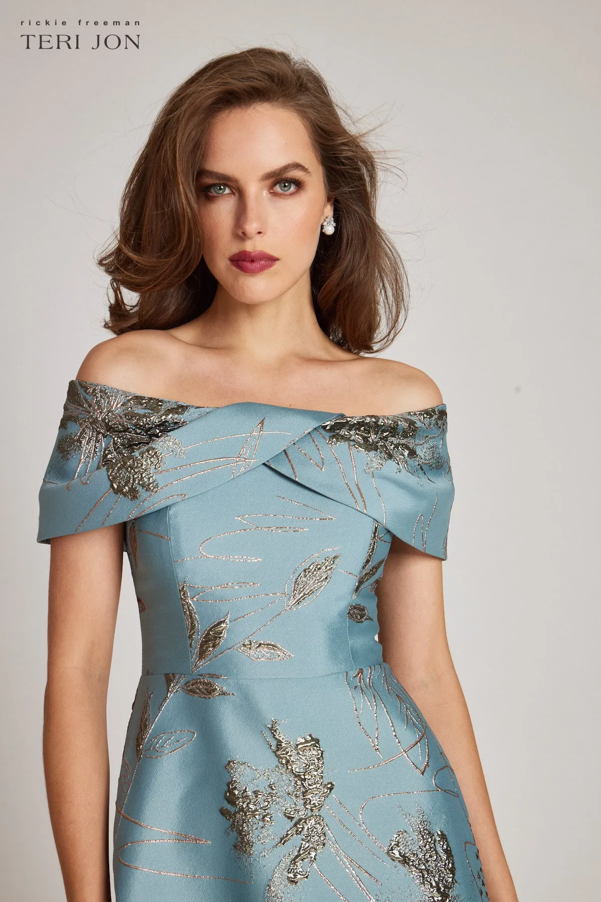 Off The Shoulder Metallic Jacquard A-Line Skirt Gown