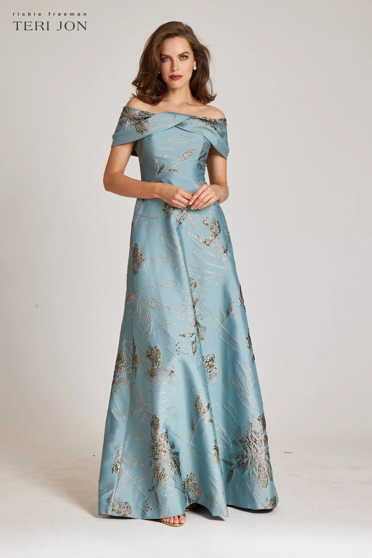 Off The Shoulder Metallic Jacquard A-Line Skirt Gown