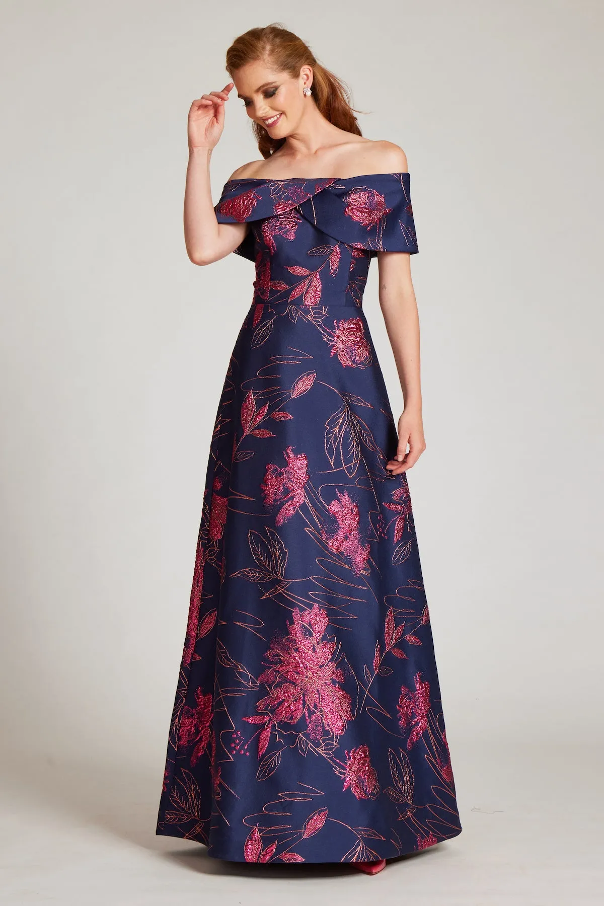 Off The Shoulder Metallic Jacquard A-Line Skirt Gown