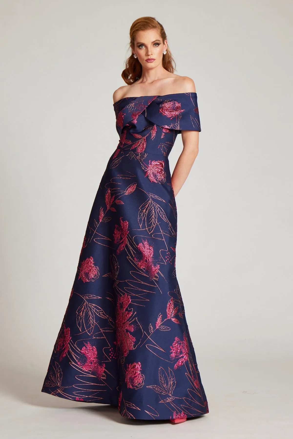 Off The Shoulder Metallic Jacquard A-Line Skirt Gown