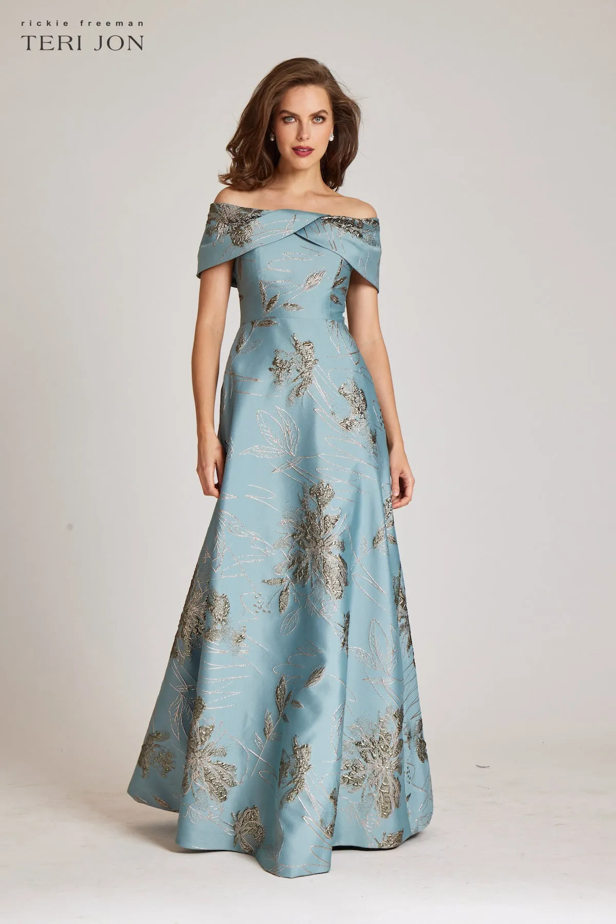 Off The Shoulder Metallic Jacquard A-Line Skirt Gown