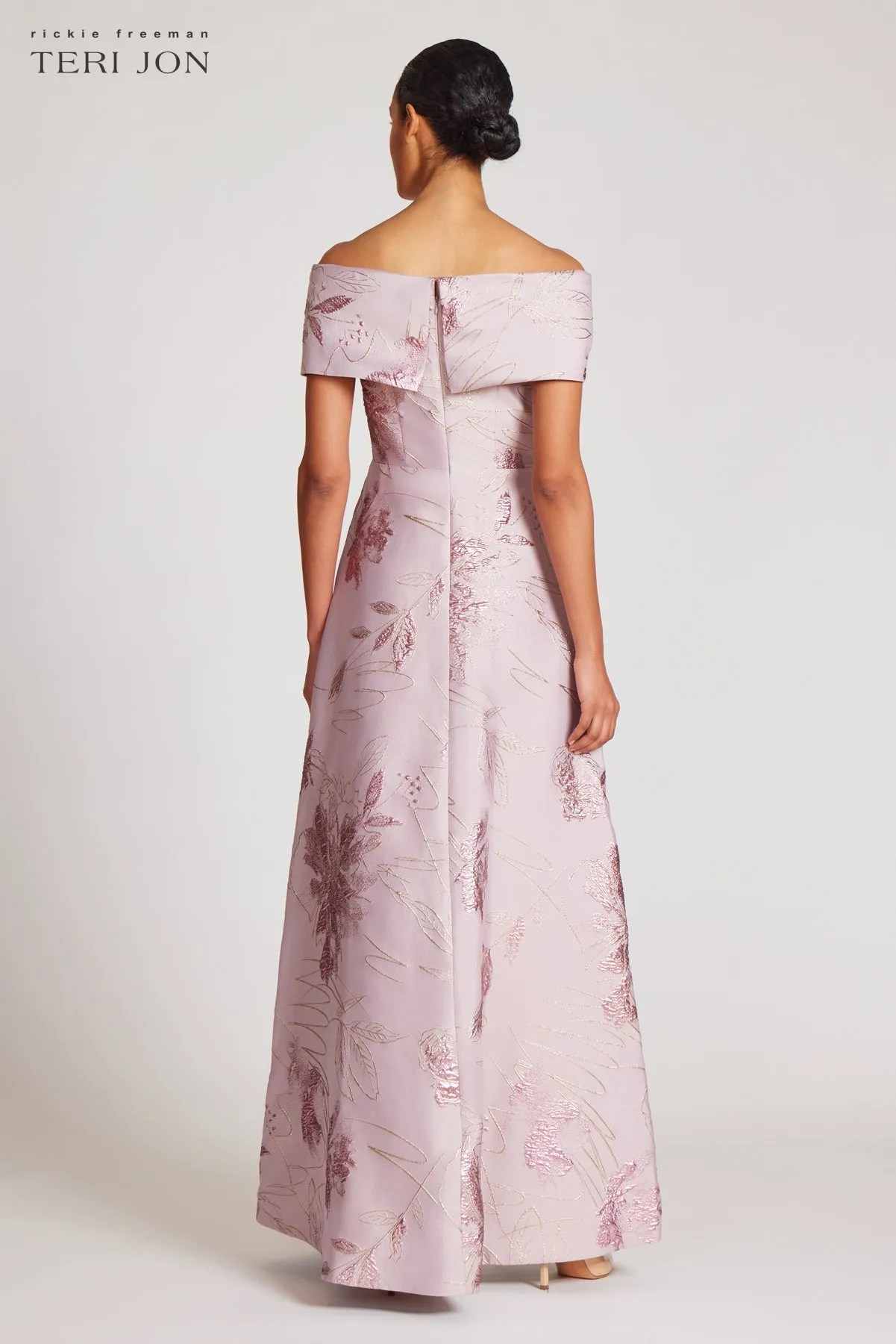Off The Shoulder Metallic Jacquard A-Line Skirt Gown