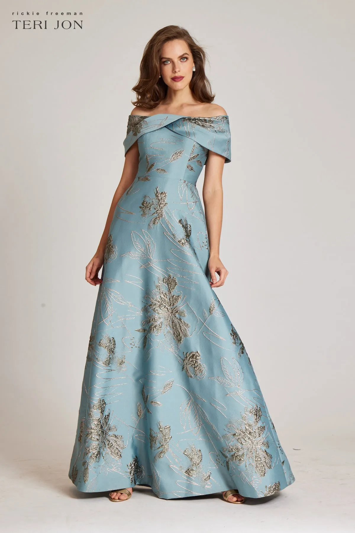 Off The Shoulder Metallic Jacquard A-Line Skirt Gown