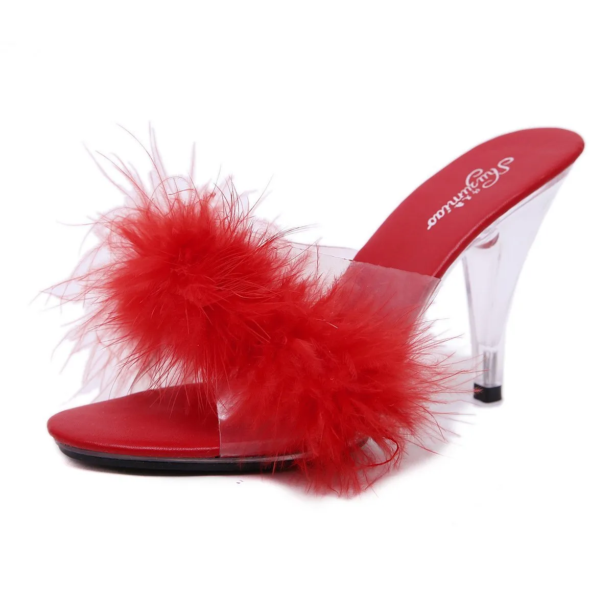Peep toe sexy fuzzy slide heels for party
