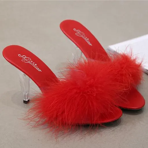 Peep toe sexy fuzzy slide heels for party