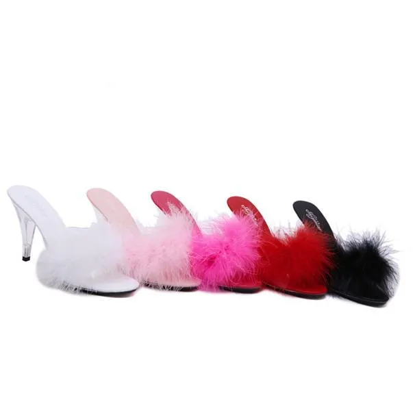 Peep toe sexy fuzzy slide heels for party
