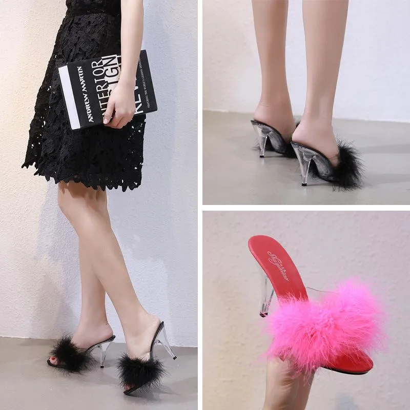 Peep toe sexy fuzzy slide heels for party
