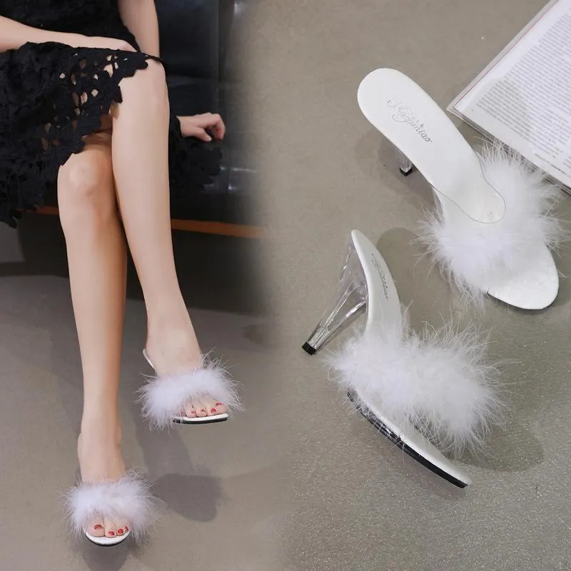 Peep toe sexy fuzzy slide heels for party