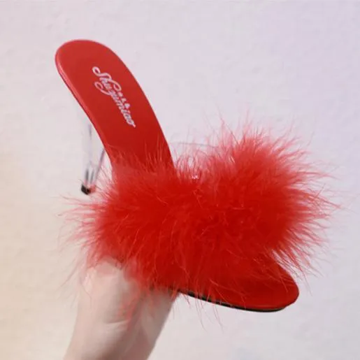 Peep toe sexy fuzzy slide heels for party