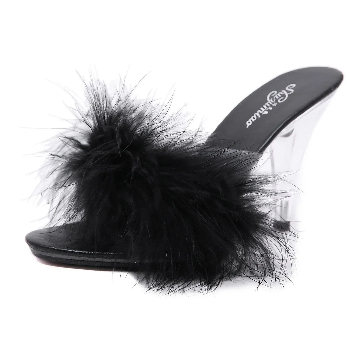 Peep toe sexy fuzzy slide heels for party