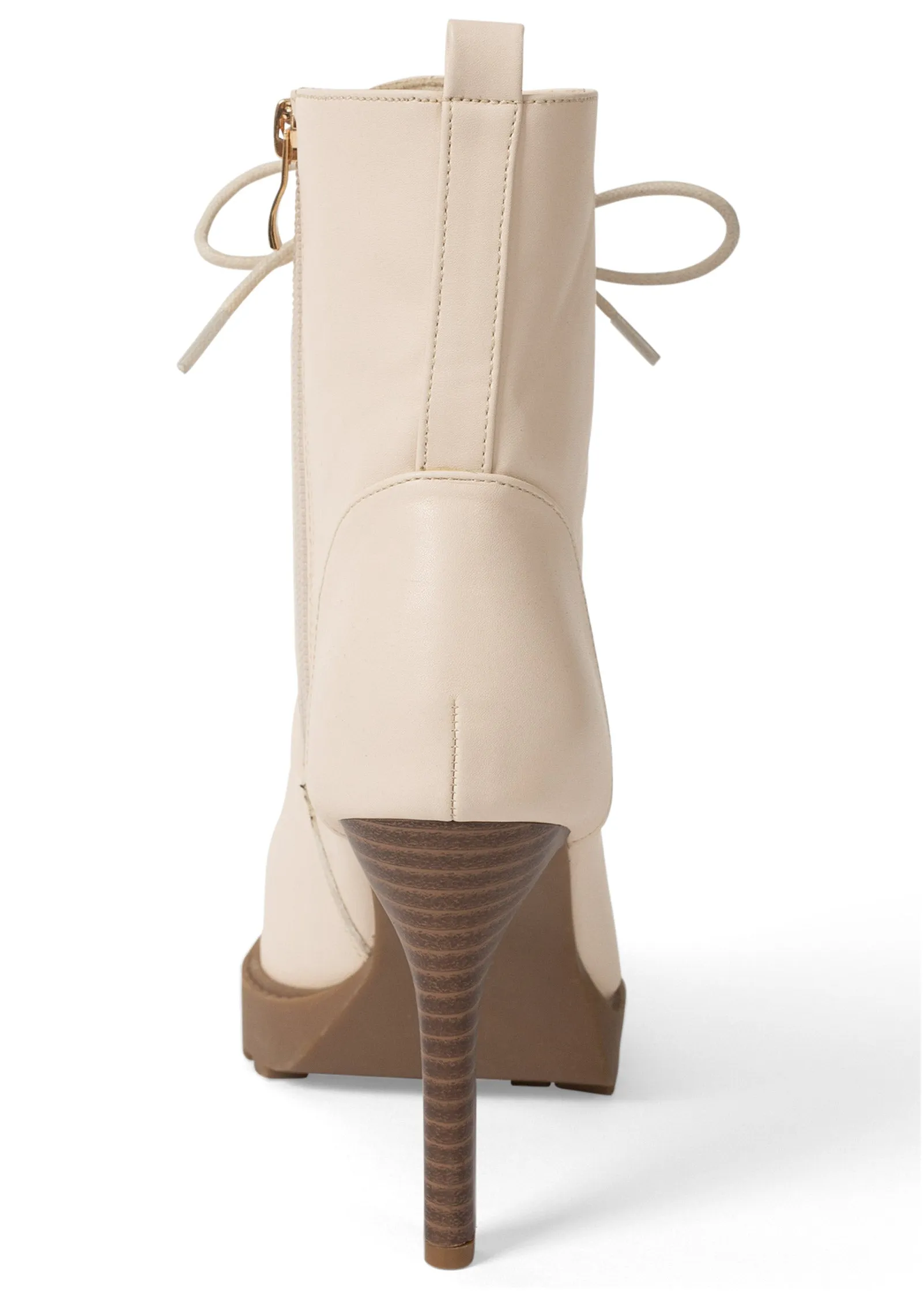 Pointy Toe Lace-Up Booties - Cream