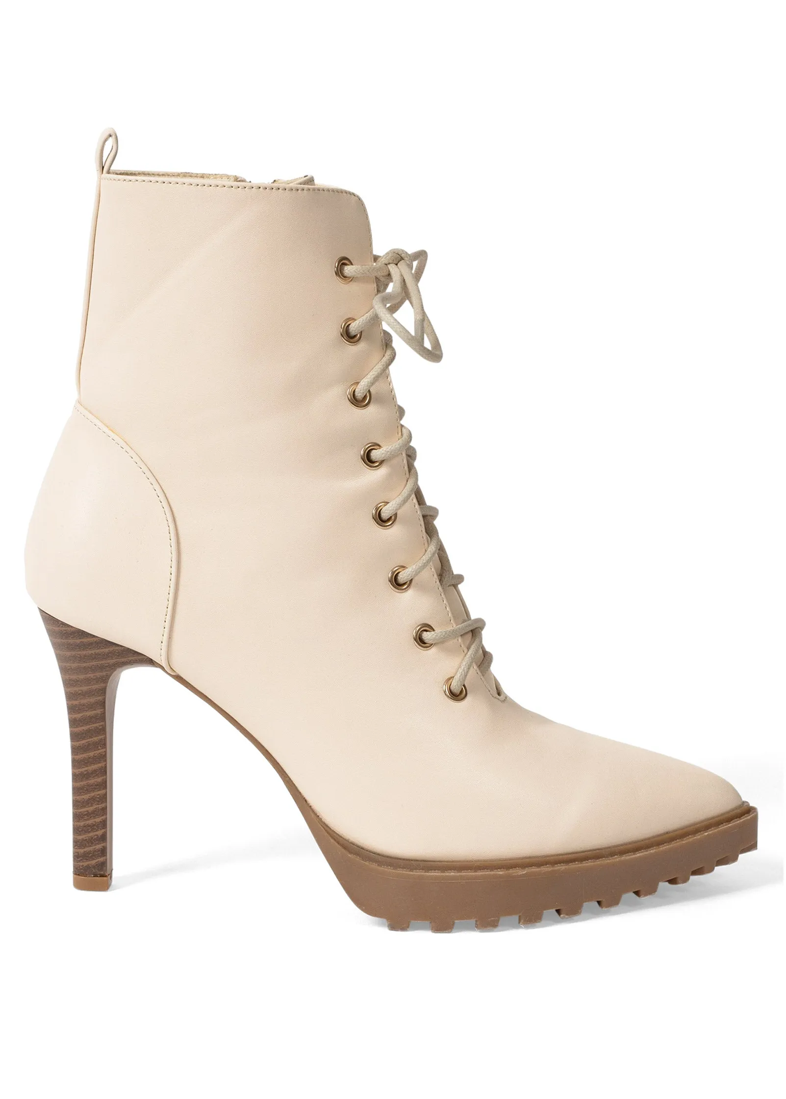 Pointy Toe Lace-Up Booties - Cream