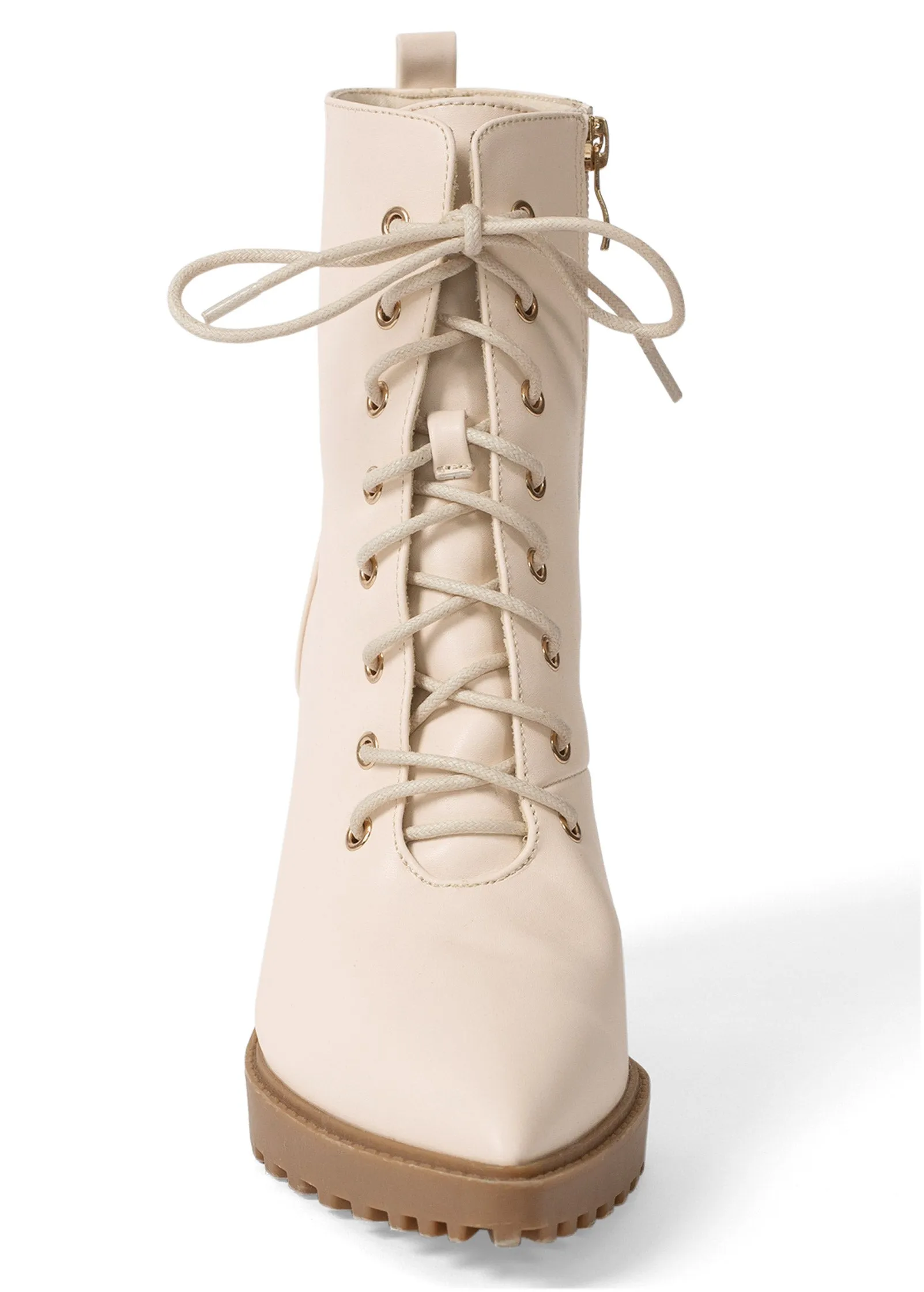 Pointy Toe Lace-Up Booties - Cream
