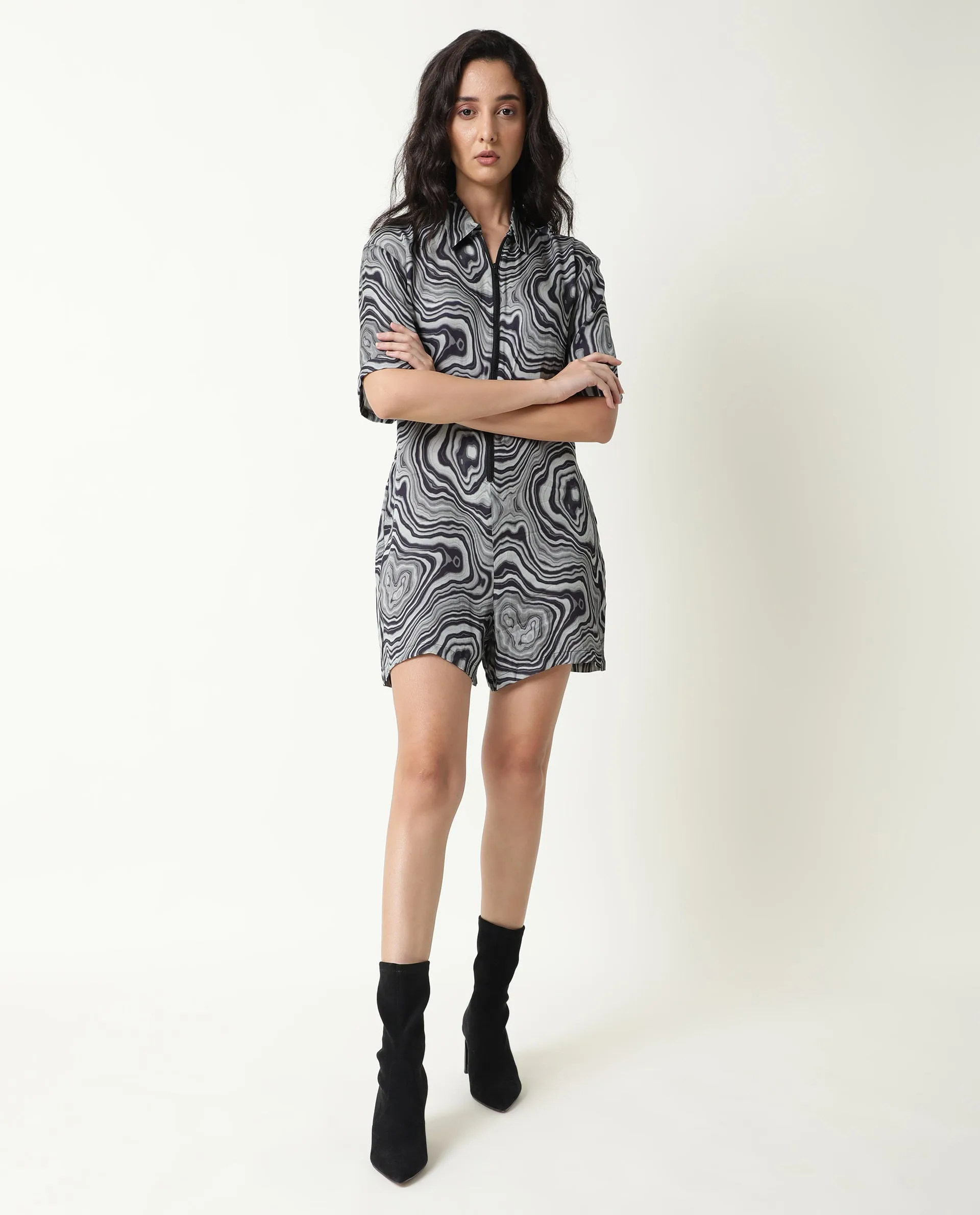 Rareism Women Santa Black Modal Satin Fabric Regular Fit Shirt Collar Abstract Print Playsuit