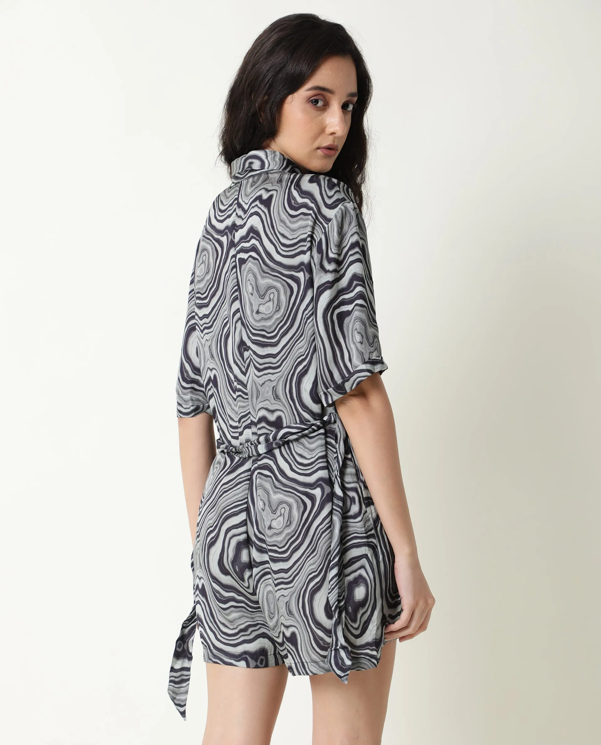 Rareism Women Santa Black Modal Satin Fabric Regular Fit Shirt Collar Abstract Print Playsuit