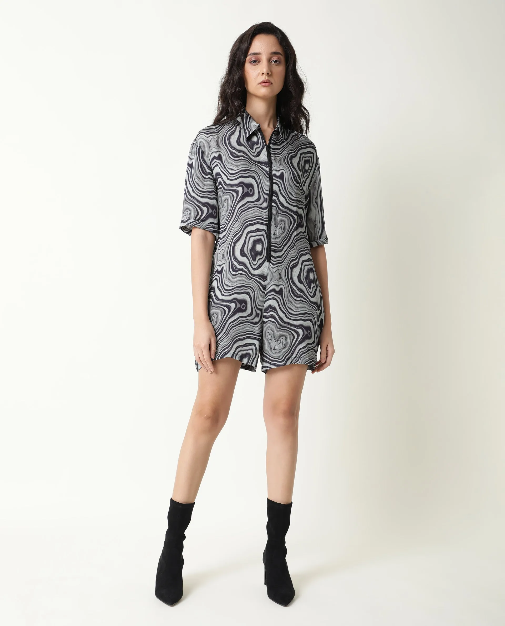 Rareism Women Santa Black Modal Satin Fabric Regular Fit Shirt Collar Abstract Print Playsuit