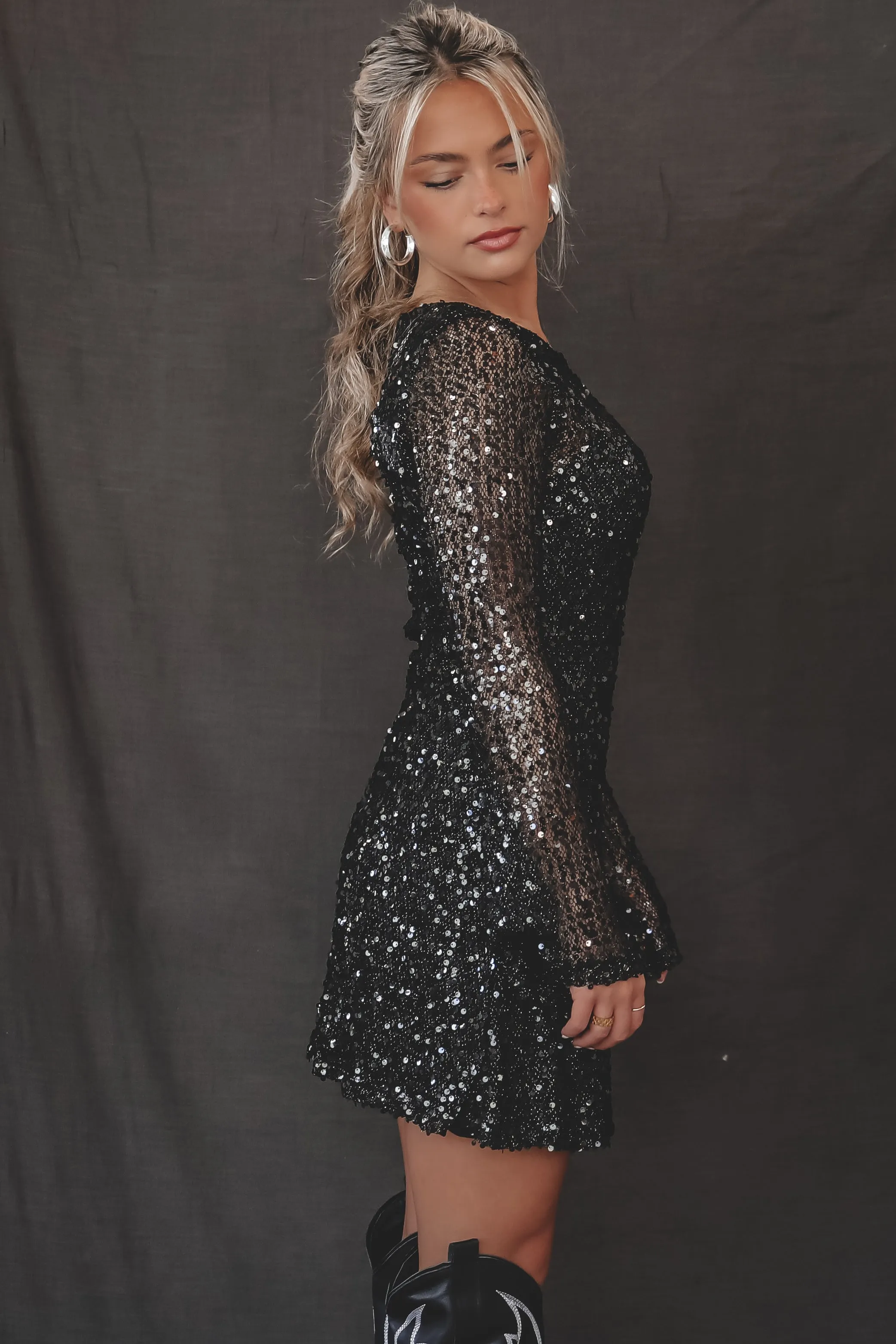 Sage The Label Splendor Black Sequin Long Sleeve Party Dress