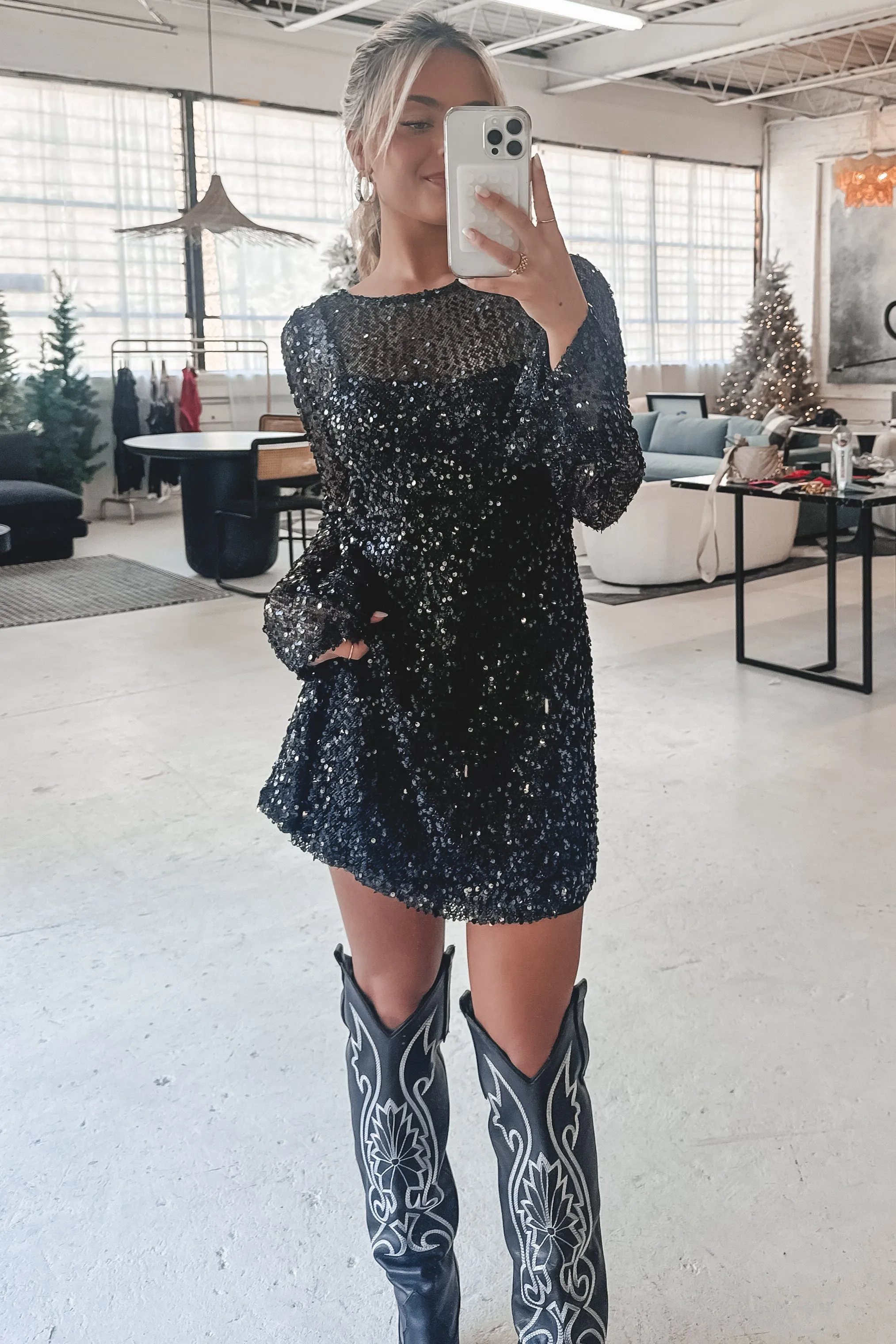 Sage The Label Splendor Black Sequin Long Sleeve Party Dress