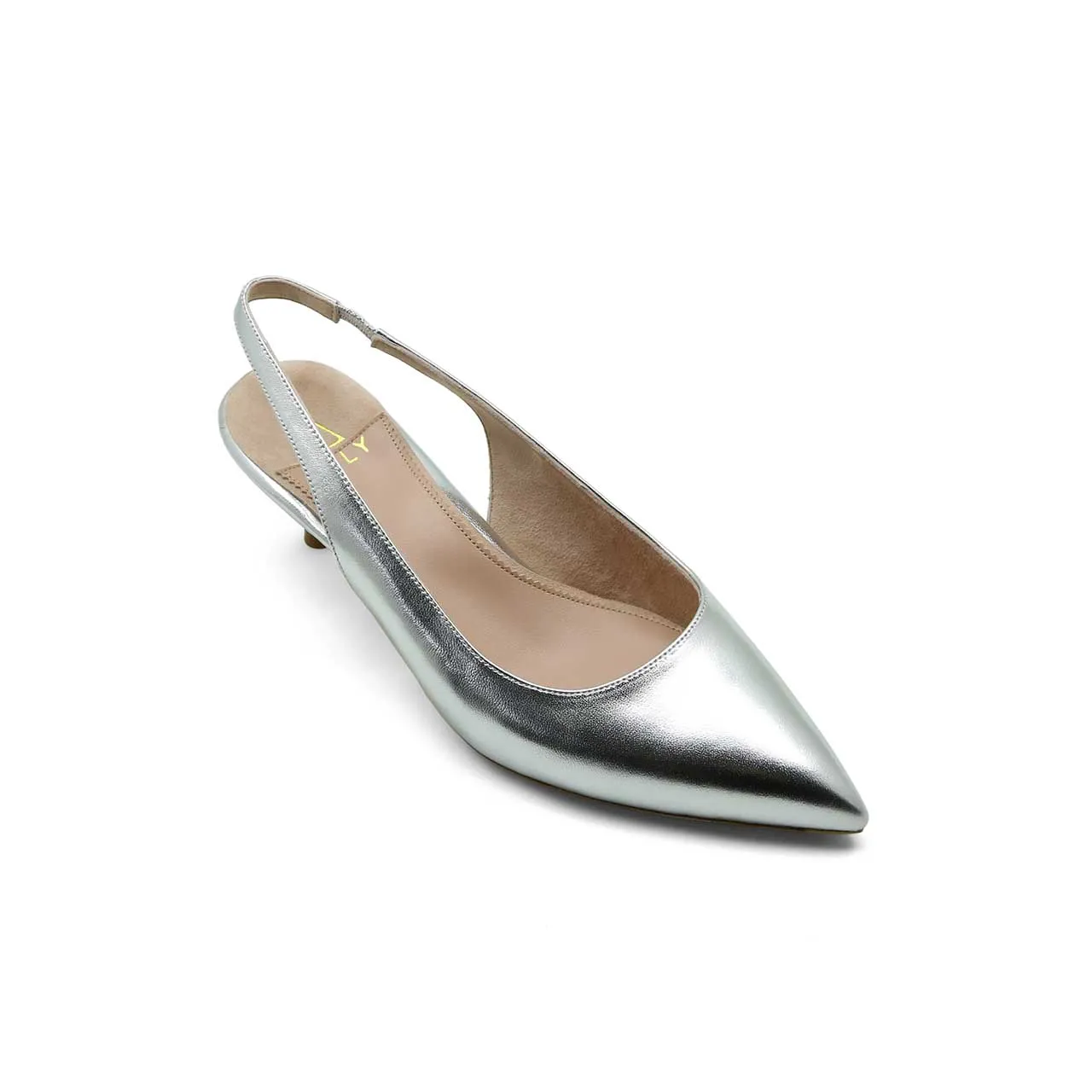 [SAMPLE] Silver Metallic Leather Slingback Kitten Heel