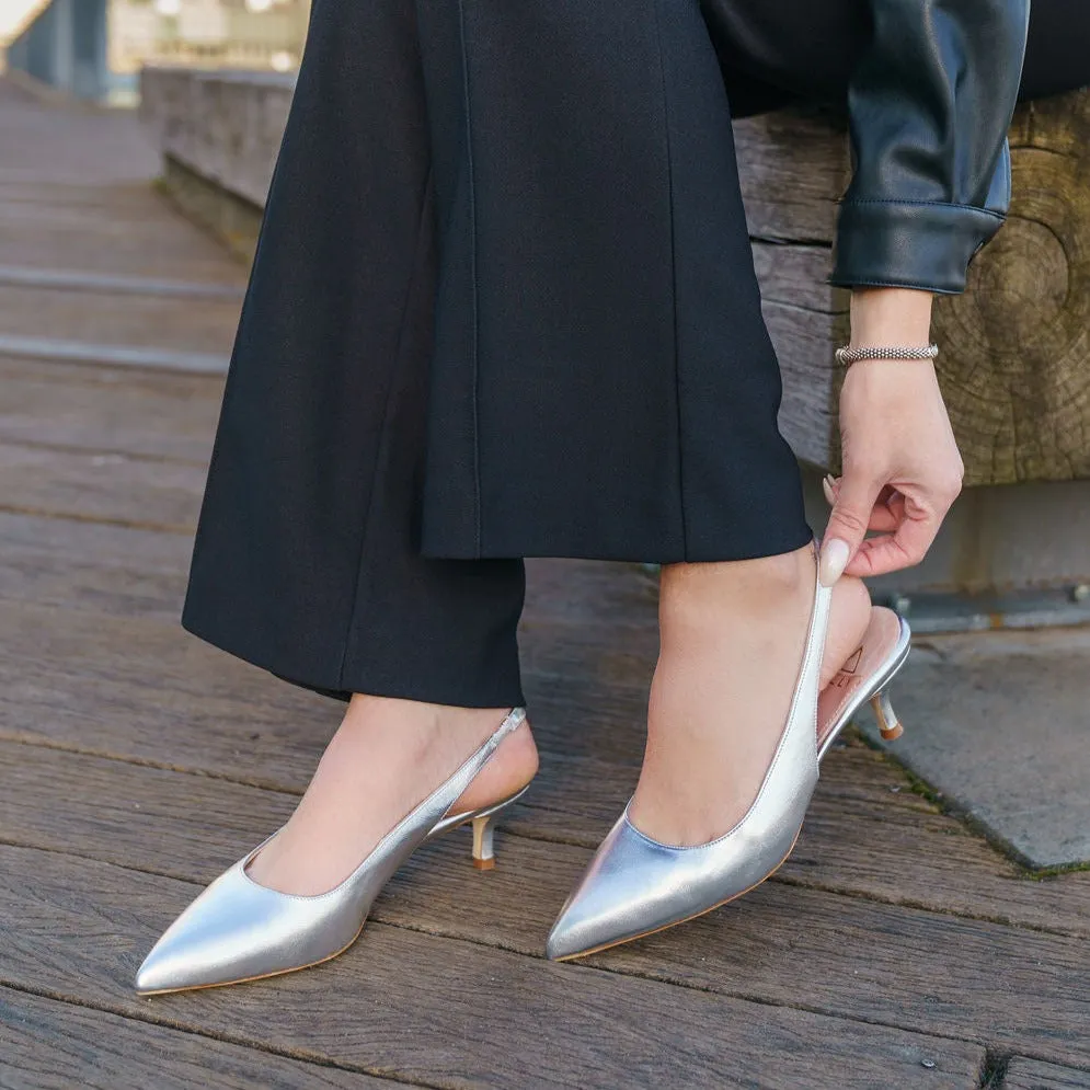 [SAMPLE] Silver Metallic Leather Slingback Kitten Heel