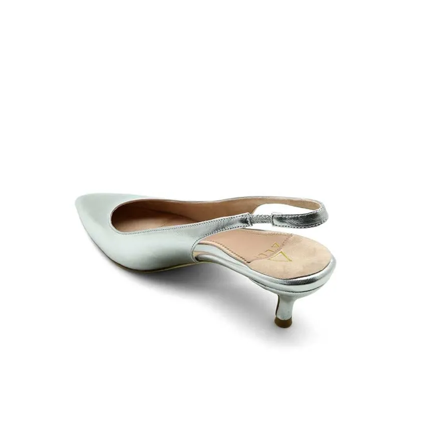 [SAMPLE] Silver Metallic Leather Slingback Kitten Heel