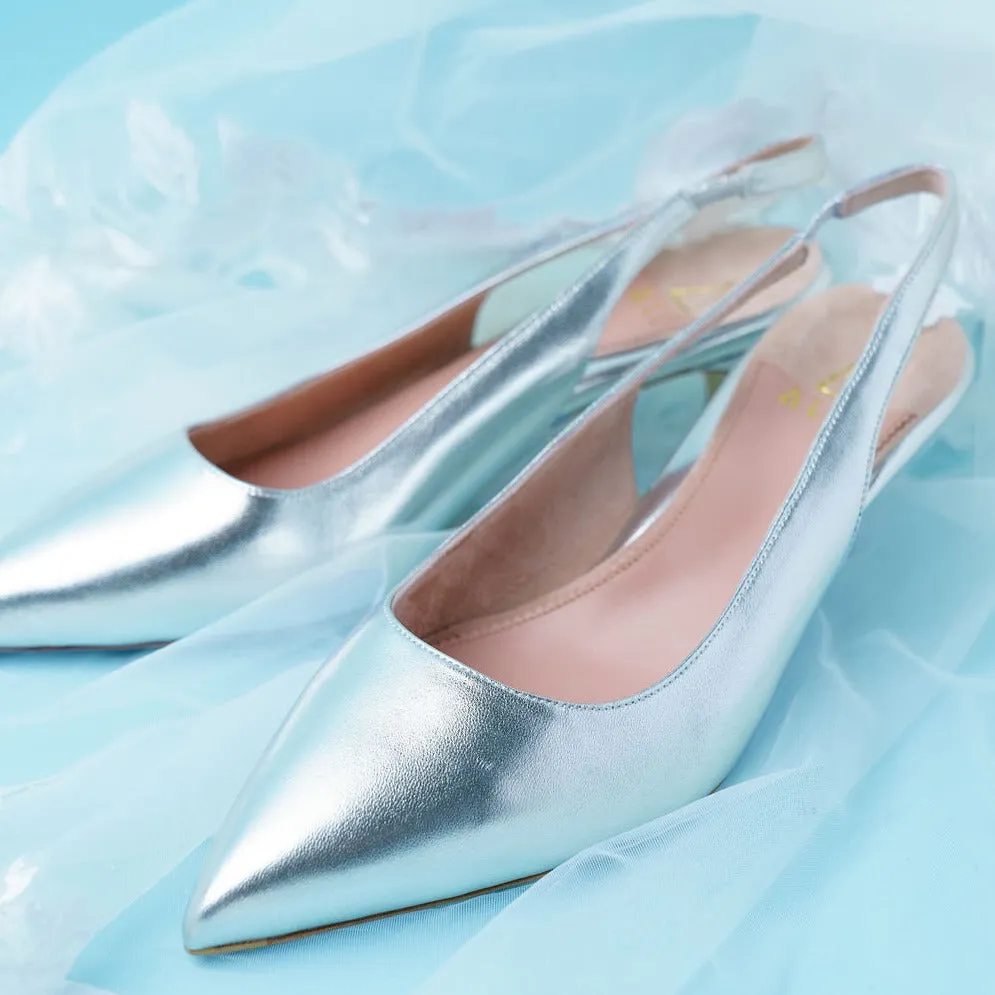 [SAMPLE] Silver Metallic Leather Slingback Kitten Heel