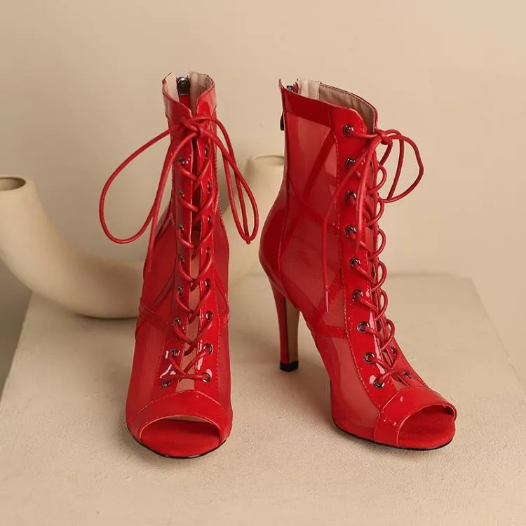 Sexy Latin Salsa Ballroom Dance Booties Mesh Hollowed Lace-up Booties Sandals